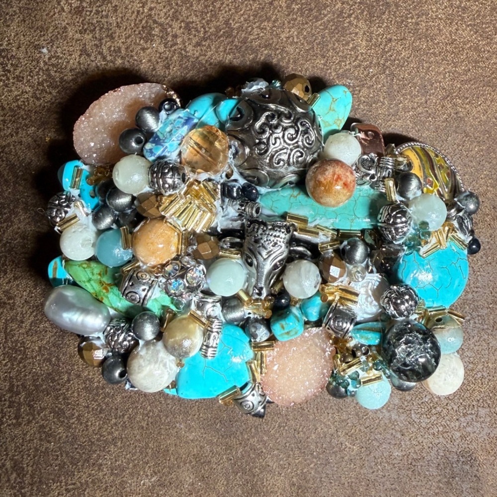 Western Turquoise Druzy Steer‎ Head Mixed Media Artisan Belt Buckle Silver Gold